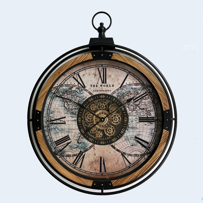 Vintage World Map Industrial Gear Wall Clock - Peterson Housewares ...